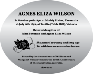 Agnes Eliza Wilson Plaque Text